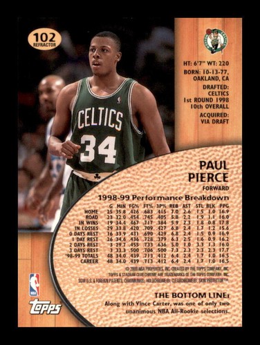 Paul Pierce #102 1999-00 Topps Stadium Club Chrome Refractor Boston Celtics SP - Picture 2 of 3