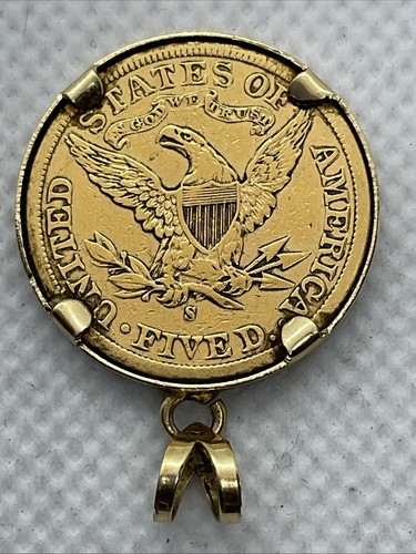1898 21.5K Yellow Gold USA $5 LIBERTY HEAD HALF EAGLE Coin in 14K Frame Pendant - Picture 8 of 22