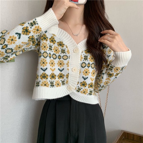 Damen Strick Blumen Cardigan Pullover Crop Top Mantel Retro Knopf Freizeit Neu - Bild 6 von 20