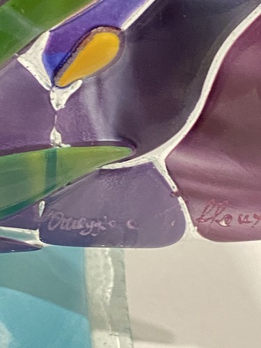 Tiffany Irises Sebino Arte Italy Fused Glass Panel on Base - Picture 4 of 5