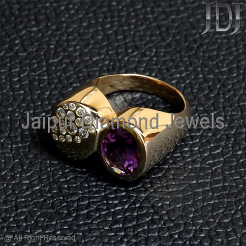 Designer Ring Real Diamond Amethyst Gemstone Solid 14k Yellow Gold Jewelry Ring - Picture 19 of 24