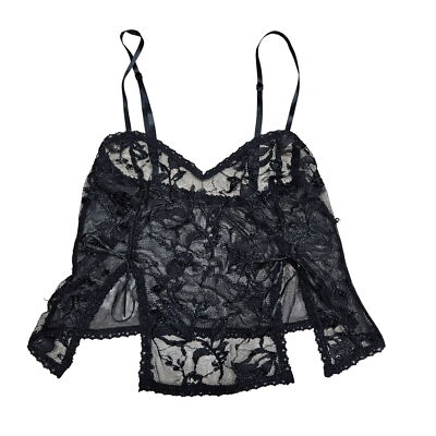 Black Sheer Lace Floral Sleeveless Top Adjustable Straps 2 Slits Bows Goth S/M