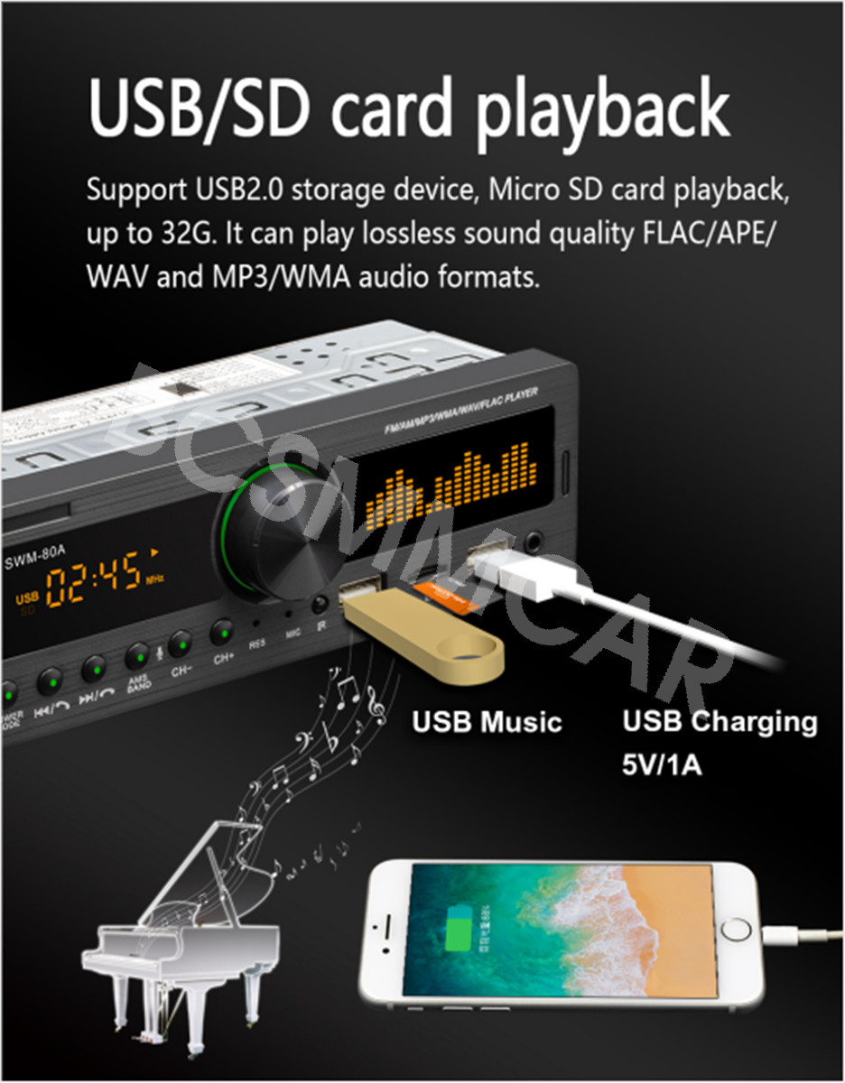 1 Din Car Radio Stereo Bluetooth Head Unit USB/SD/FM MP3 Player Colorful Lights