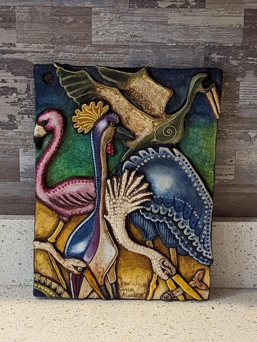 Retrato de pájaros zancudos, arte de pared de cerámica hecho a mano, arte popular mexicano decoración del hogar - Imagen 6 de 9