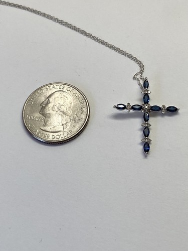 10K Weißgold natürlicher Saphir und Diamant Kreuz Anhänger mit Kette NEU groß - Bild 12 von 12
