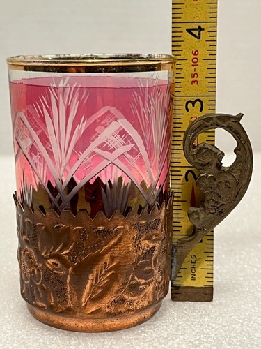 5 Russian Tea Glass Holders Podstakannik Metal Ruby Cut to Clear Glass Inserts - Picture 2 of 8