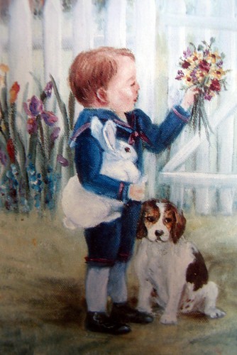 Glynda Turley Framed Print Mother & Boy Dog and Bunny Rare 11.5"x9 7/8" Vintage - Picture 10 of 12