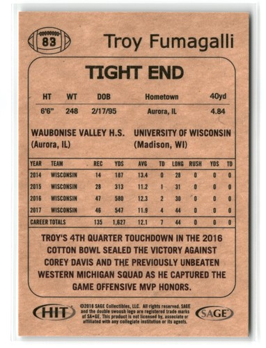 2018 SAGE HIT Premier Draft Football (High Series, #67-107) - Pick - 40% off 4+ - Picture 31 of 73