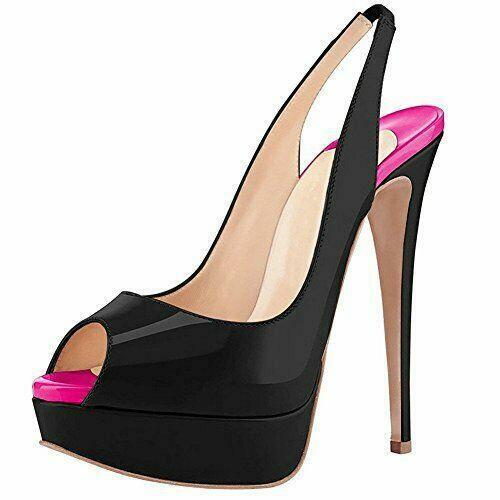 Women's High Heel Platform Shoes Patent Leather Peep Toe Elastic Slingback Pumps - Picture 5 of 14