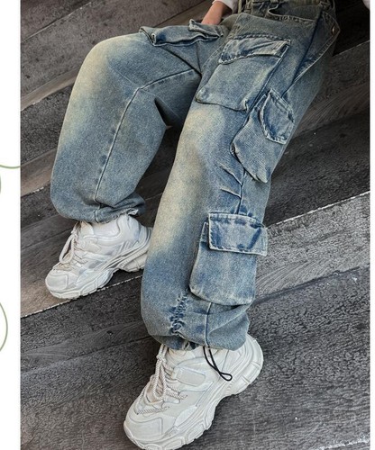 Kids Child Cargo Denim Pnat Girls Street dance performance jeans Pocket Trousers - Picture 14 of 22