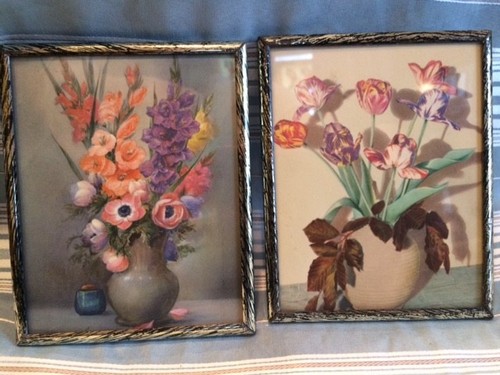 2 Bouquet in Vases  Metal Wrapped Framed picture Set Vintage - Picture 1 of 6