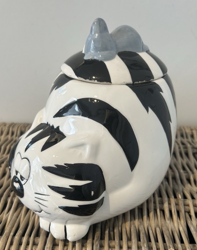 Cat & Mouse Cookie Jar. Garfield style Ceramic Container Black, White & Grey - Picture 2 of 6