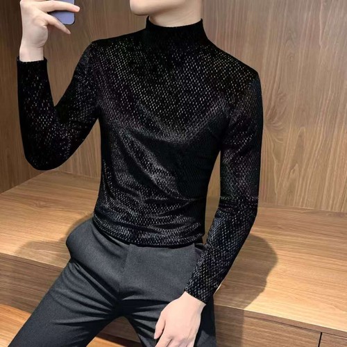 Hombres Camisas de terciopelo Prendas para el torso Blusa Camisas Cuello Tortuga Brillante Brillo Delgado Informal - Imagen 2 de 10