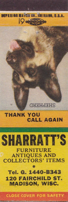 Sharratt's Antique Store Madison Wisconsin Matchbook 1950's German Shephard Dog