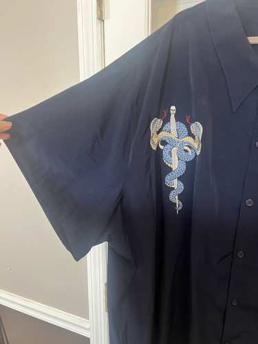 8XL Mens Embroidered Dragon Kingsize Blue Button down Collard Shirt H - Picture 2 of 4