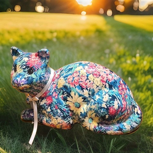 Joan Baker Design Katze Vintage Blumen Porzellan Patchwork Statue Figur 13x8x6" - Bild 1 von 5