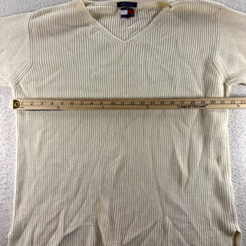 Tommy Hilfiger Suéter Para Hombres Grande Beige Algodón Logo Grueso Tejido Cuello en V Ropa Cálida - Imagen 6 de 8