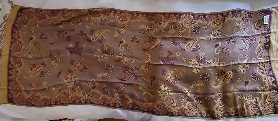 Vtg Pashmina Cashmere Silk Shawl Wrap Scarf Purple Brown Floral 27" X 73" - Image 3 of 4