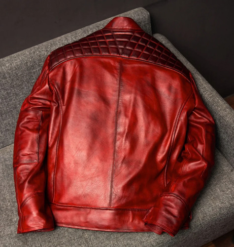 Men’s Red Leather Biker Jacket | Quilted Shoulders | Cafe Racer Style | Zip Pock - Picture 3 of 6