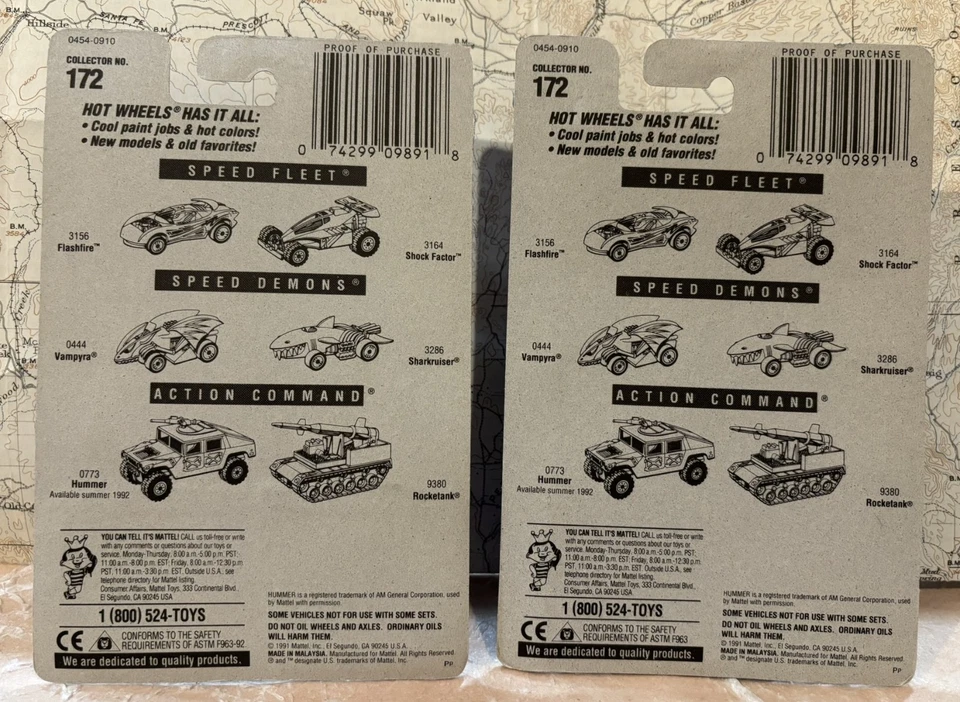 Hot Wheels 1991 Miata #172 Yellow & Burgundy-7sp wheels, lot/2 Blue Card NRFP - Image 2 of 4