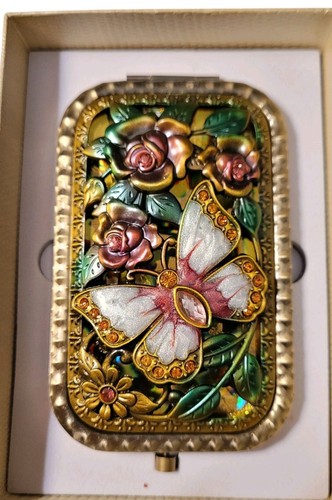 Vintage Look Makeup Mirror Metal Portable Foldable Compact Butterfly Flowers NIB - Picture 3 of 21