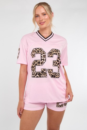 Damen Oversized Fußballtrikot T-Shirt Oberteil & Shorts Set - Leopardenmuster 23 - Picture 15 of 27