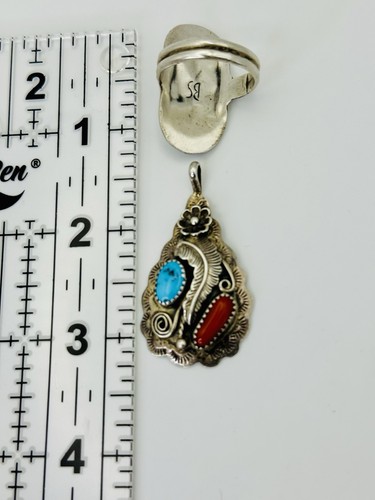 Vintage Navajo Sterling Silver Turquoise & Coral Ring Sz 9 & Pendant Signed - Picture 9 of 10