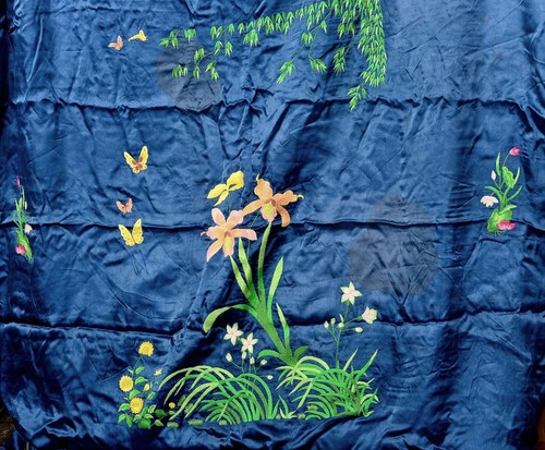 207CM Chinese Silk Embroidery Panel Tablecloth Textile Butterfly Orchid Tassel - Picture 4 of 21