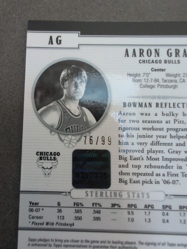 Aaron Gray 2007-08 Bowman Sterling Rookie Auto Bulls #AG/99 - Imagen 3 de 3