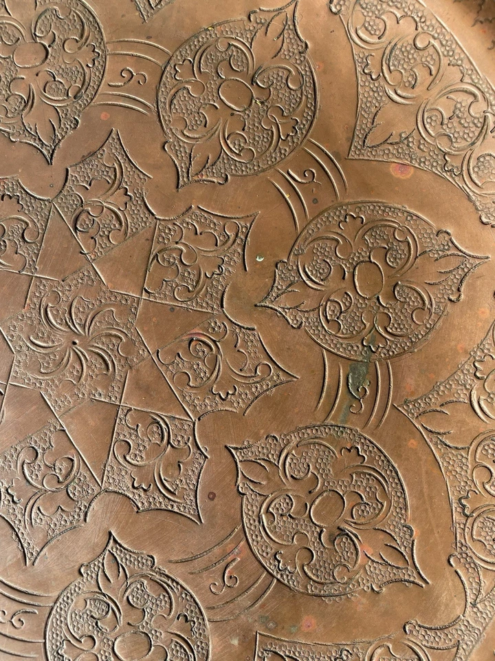 "Antigua bandeja de cobre sirio de Alepo 13"" diseño islámico estrella perseguida حلب marca Halab" Foto 2 de 4