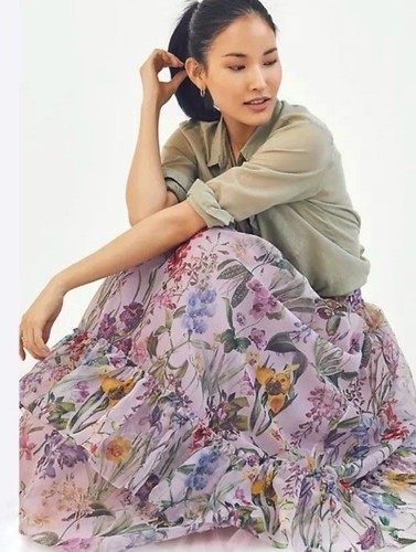 85 Anthropologie Geisha designs Ruffle floral Midi skirt XS NEW - Picture 2 of 11