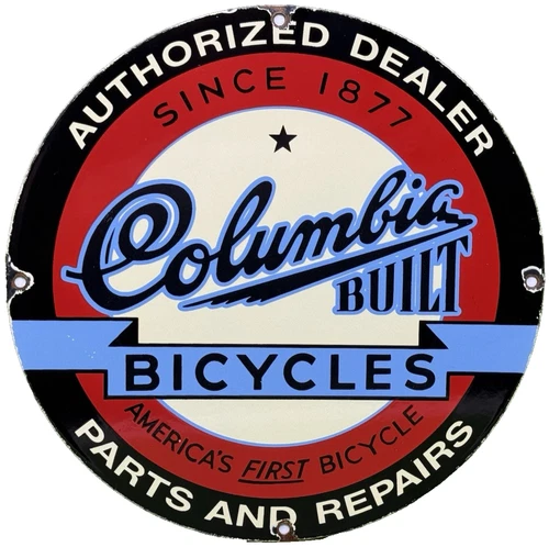 VINTAGE COLUMBIA BICYCLES PORCELAIN SIGN GAS STATION AMERICA'S FIRST BIKE SCHWIN