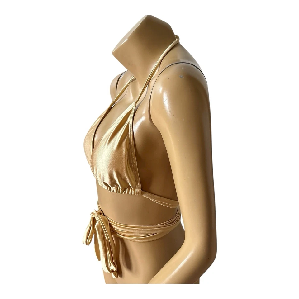 Traje de baño de bikini triángulo envolvente halter dorado talla pequeña para mujer Foto 2 de 4
