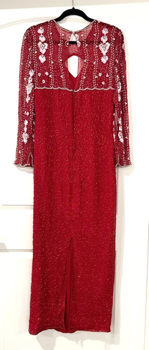 Laurence Kazar Dress Medium Red Beaded Silk Gown Long Sleeve Sheer Vintage READ - Picture 14 of 21