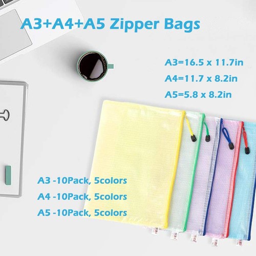 30 Pack Mesh Zipper Pouch Document Bag, A3|A4|A5 Size, Each Size 10PCS, 5 Col... - Picture 2 of 7