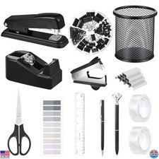 13-in-1 Black Desk Accessories Set: Stapler, Tape, Scissors, Pen, Ruler & More!