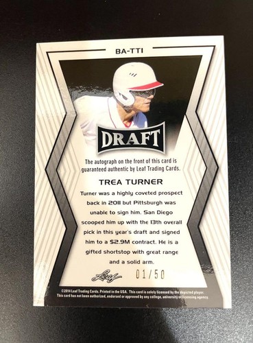 2024 Leaf Draft great range solid arm Trea Turner Phillies Auto /50 #BA-TTI - Picture 12 of 24