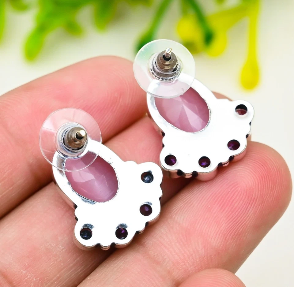 Pendientes de joyería hechos a mano de plata de ley 925 con piedras preciosas de calcedonia rosa de 1,45" Foto 4 de 4