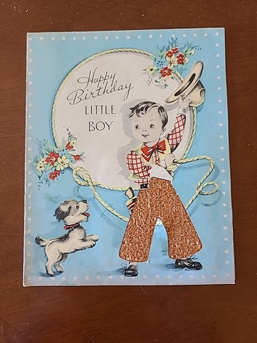 Tarjeta de felicitación vintage cumpleaños troquelado niño vaquero pantalones borrosos y sombrero - Imagen 1 de 6