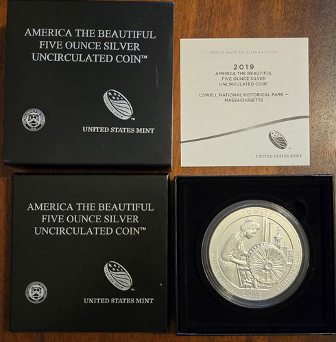 2019 - P 5 oz .999 Silber ATB - Lowell NHP Massachusetts MA mit OGP & COA 19AJ