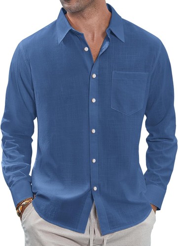 Linen Button Down Shirt for Men - Summer Casual Long Sleeve with Chest Pocket - Picture 6 of 50