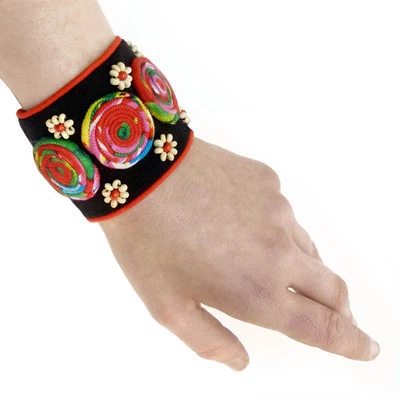 BRACELET MANCHETTE tissu perles fermoir bouton NOIR ROUGE spirales multicolores - Photo 1/4