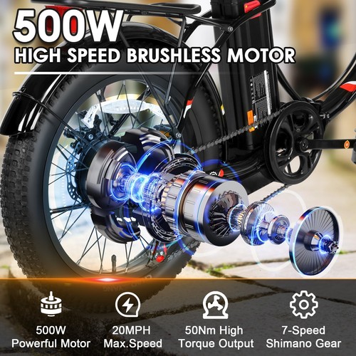 20" Folding Electric Bike, 500W Fat Tire Bicycle Commuter Ebike Cruise Control@ - Picture 6 of 14