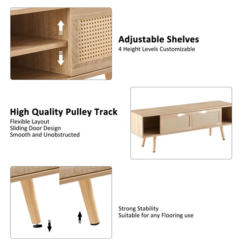 55.12"Rattan TV cabinet,double sliding doors for storage, adjustable shelf,solid - Picture 11 of 13