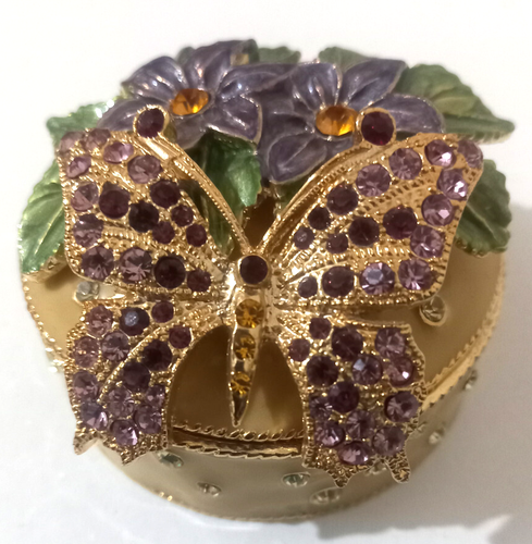 Trinket/Pill Box - Butterfly & Flowers - Gold Enamel, Rhinestone Jewels - 5.5cm - Picture 2 of 3