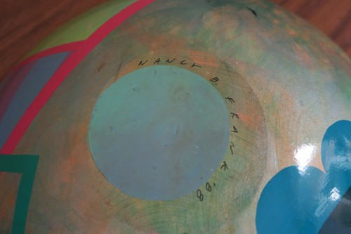 NANCY B FRANK VINTAGE 1988 ABSTRACT MODERNIST HAND PAINTED WOOD BOWL WOODEN 12" - Picture 8 of 9
