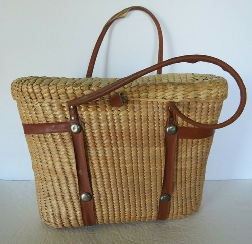 Vtg Woven Straw Purse Bag Tote Large Boho Style Beach Market Raffia Travel Boho - Picture 3 of 11