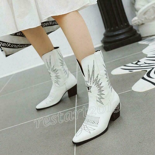 Mujeres Vaquero Botas Occidentales Negro Blanco Bordado Patrón Puntera Media Zapatos - Imagen 6 de 14