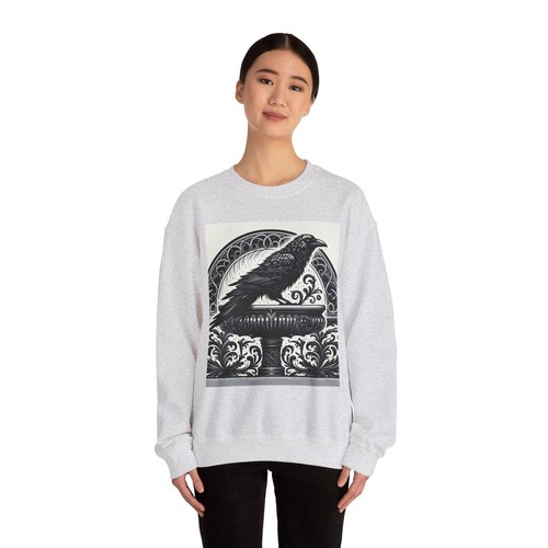 Crow Black Birdbath Sweatshirt, Gothic Bird Design Pullover, Raven Halloween - Picture 13 of 25