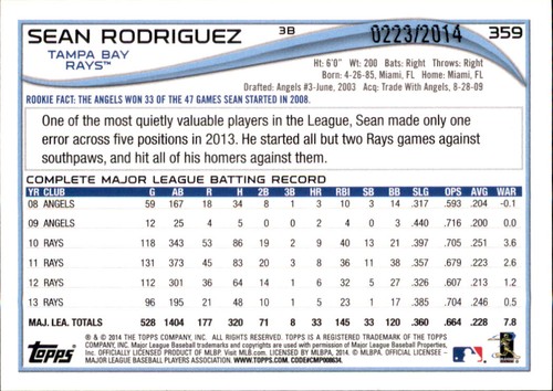 2014 Topps Sean Rodriguez #d /2014 Gold Parallel Insert PWE Rays #359 - Picture 2 of 2